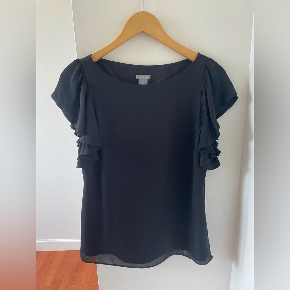 Ann Taylor Top with Ruffle Sleeves in Black